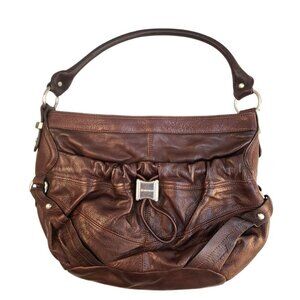 B. Makowsky Brown Genuine Leather Shoulder Bag With Leopard Print Lining & Multi